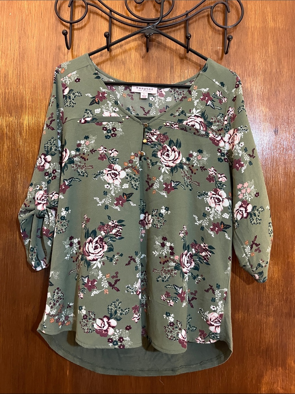 Tempted Olive Floral V-Neck Roll-Sleeve Tunic
